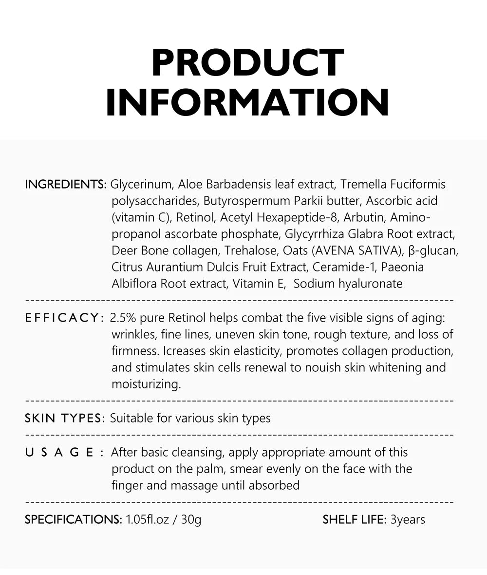 Creme facial Antienvelhecimento Retinol da Vibrant Glamour.  Atua na remoção das rugas, hidratação e firmamento da pele facial. Com 1,5% de retinol,  vitamina C e vitamina E