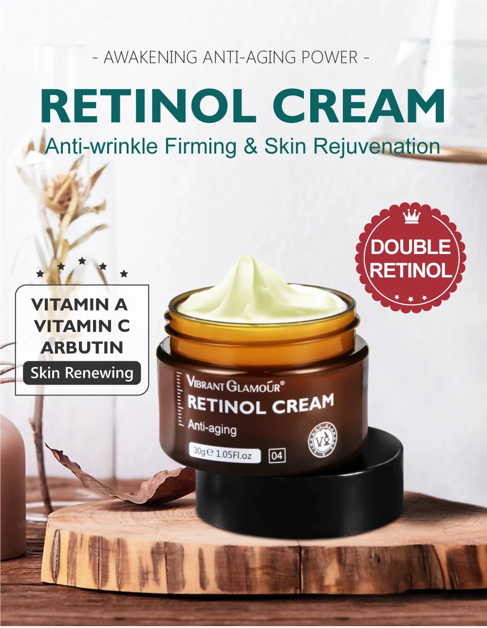 Creme facial Antienvelhecimento Retinol da Vibrant Glamour.  Atua na remoção das rugas, hidratação e firmamento da pele facial. Com 1,5% de retinol,  vitamina C e vitamina E