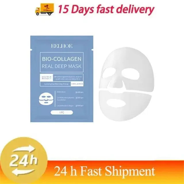 Máscara Coreana facial antirrugas de colágeno. Atua em linhas finas para levantar a pele, firmar e atuar no antienvelhecimento, hidratando-a.