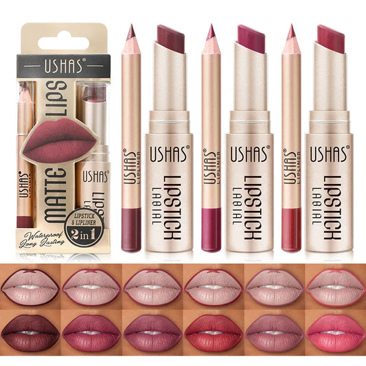 Conjunto de delineador labial + batom USHAS, disponível em 12 cores. Batons foscos de fácil coloração