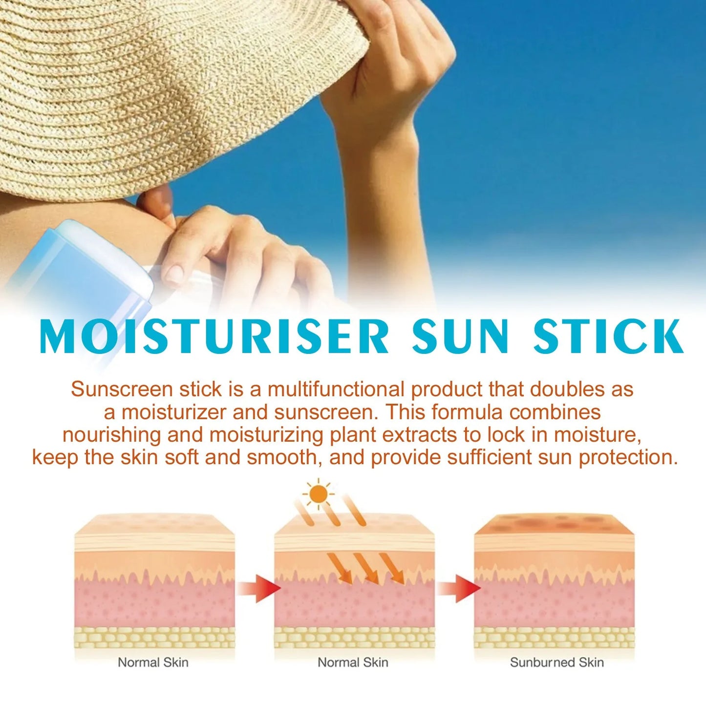 Protetor solar facial spf50 + para todos os tipos de pele, à prova d'água, leve, eficaz, resistente, hidratante de longa duração, bastão protetor solar