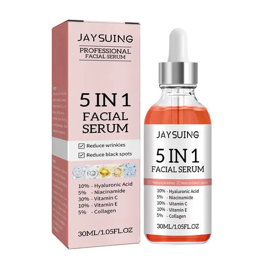 Sérum facial 5 em1 Jaysuing professional . Redução de linhas finas e de poros. Hidrata e dá brilho. Contém vitamina C e ácido hialurônico.