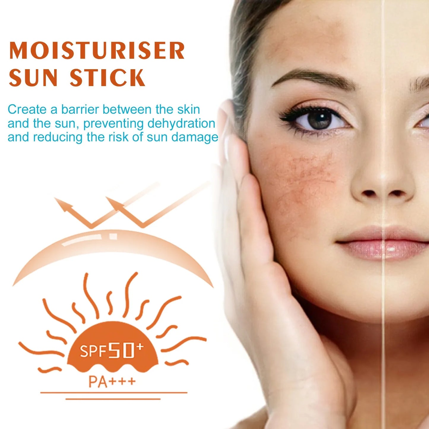 Protetor solar facial spf50 + para todos os tipos de pele, à prova d'água, leve, eficaz, resistente, hidratante de longa duração, bastão protetor solar