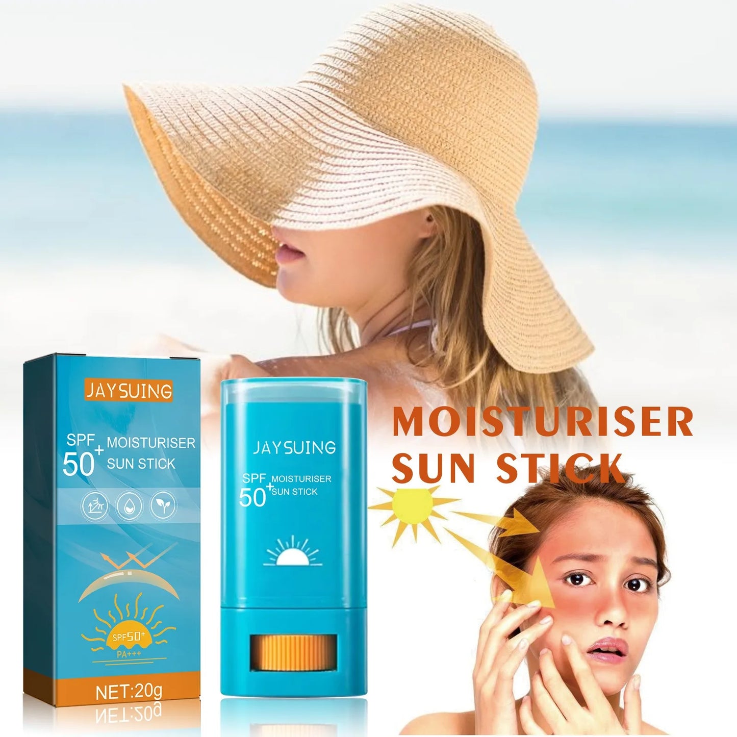 Protetor solar facial spf50 + para todos os tipos de pele, à prova d'água, leve, eficaz, resistente, hidratante de longa duração, bastão protetor solar