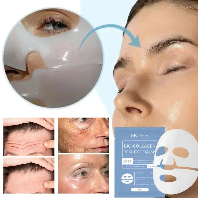 Máscara Coreana facial antirrugas de colágeno. Atua em linhas finas para levantar a pele, firmar e atuar no antienvelhecimento, hidratando-a.